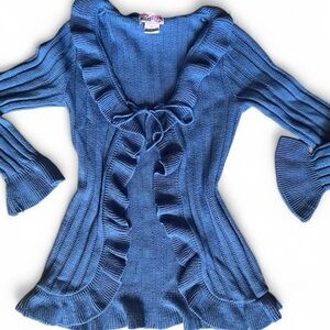 Y2K 90’s Vintage Dusty Blue Ribbed Ruffle Cardigan W/ Optional Tie-Front.